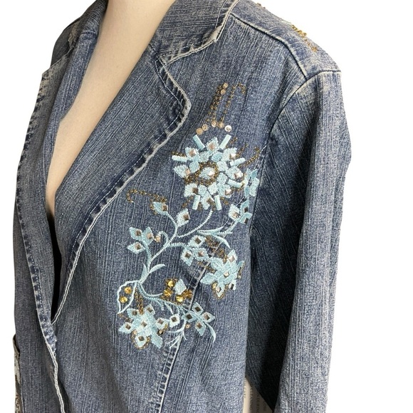Denim 24/7 Blue Jean Jacket Blazer Long Sleeve with Embroidered Floral Design - Picture 4 of 16